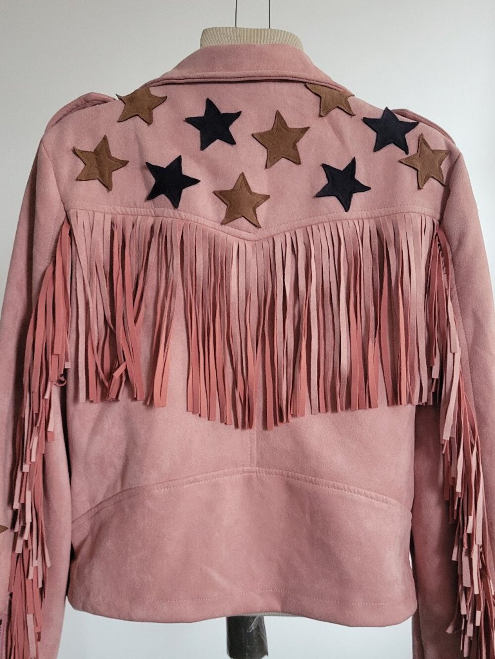 Pink Faux Suede Star Fringe Moto Jacket Western Cowgirl Sz L